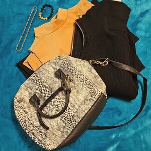 6 piece set. 1 blk pencil skirt,  1 tank, 1 blk sweater,  1 purse, 2 accessories